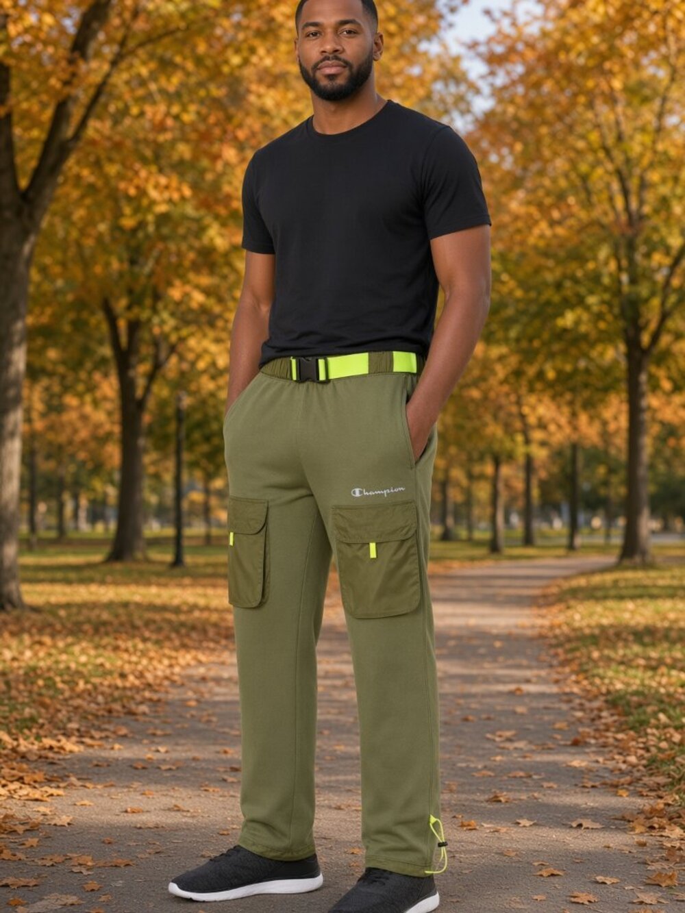Champion Men Olive Fleece Pants Patch Pockets Sport Warm Joggers US XS
